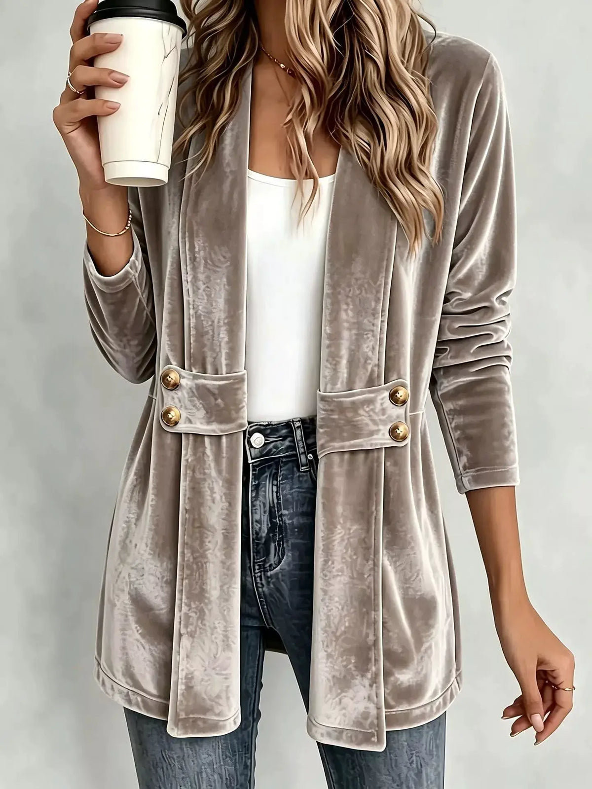 Elegant Velvet Open-Front Outerwear in taupe with gold-tone buttons.