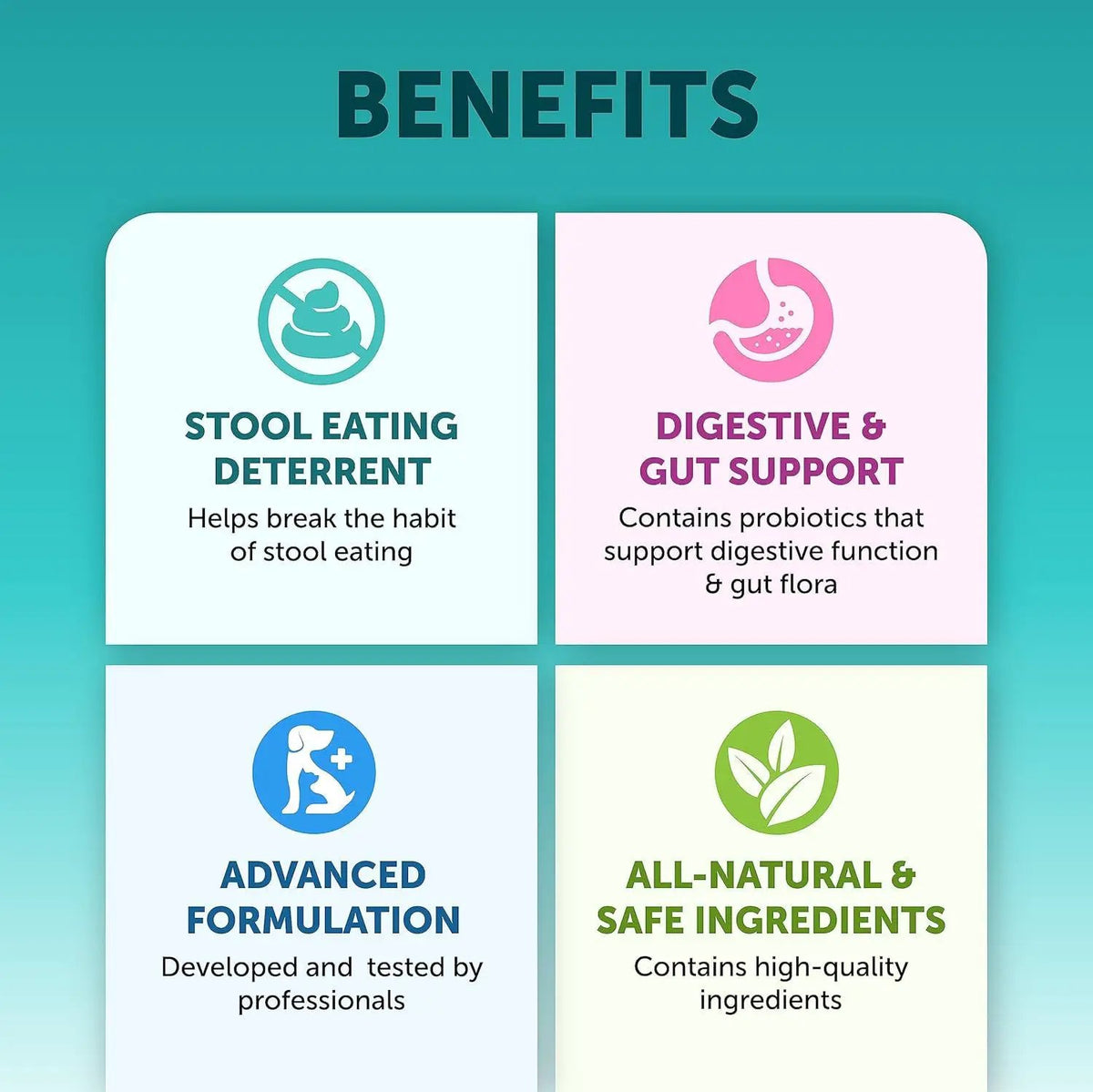 Pet intestinal probiotic chewable tablets by AdTec; 4 colorful tiles show stool-deterrent and digestive support.