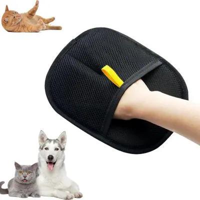 Pet hair removal glove, black mesh grooming glove for cats and dogs.