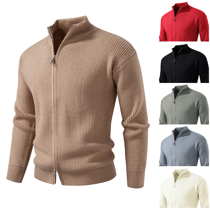 Men's zipper cardigan sweater coat in beige knit with five color variants: red, black, olive, blue, cream