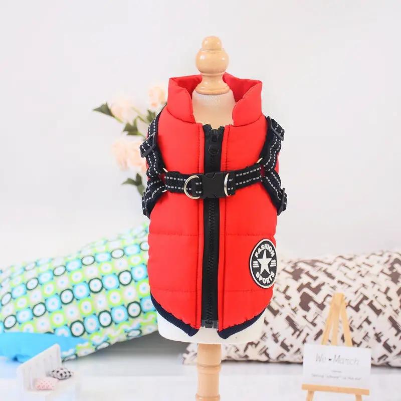 Dog coat red padded waterproof with built-in harness and buckle