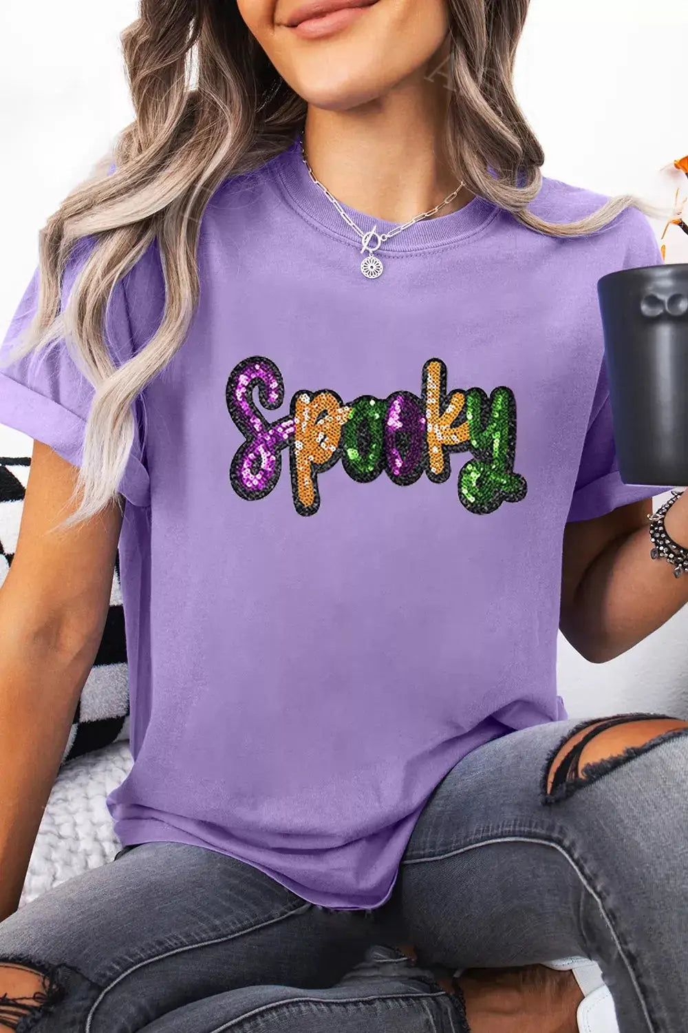 Plus-size spooky sequin-letter patched cotton-blend T-shirt in purple with multicolor sequins by Trendsi