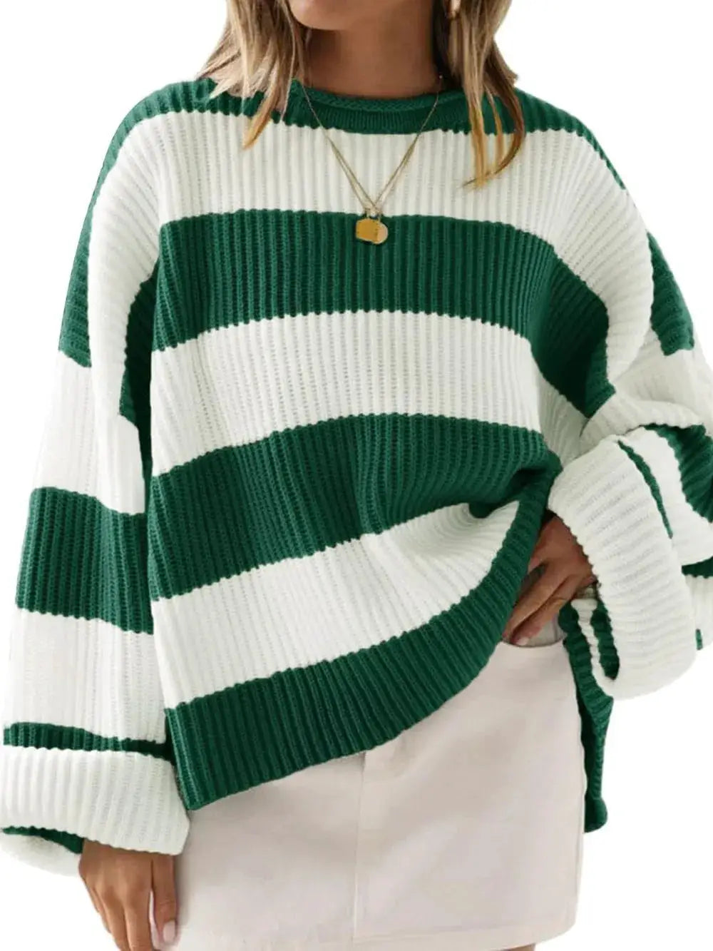 Essential Round Neck Long Sleeve Soft Stretch Sweater in green and white striped ribbed knit