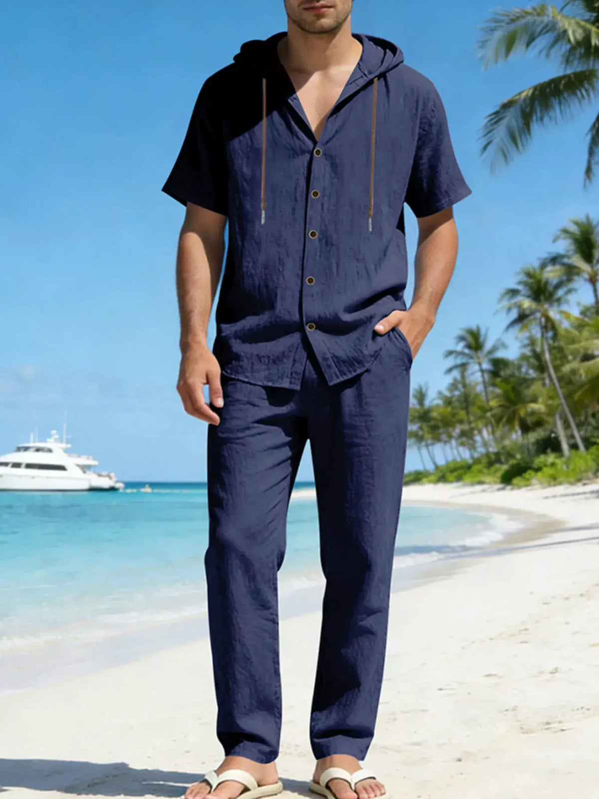 Men's navy linen 2-piece hooded button-up top and pants set, plus size, Trendsi