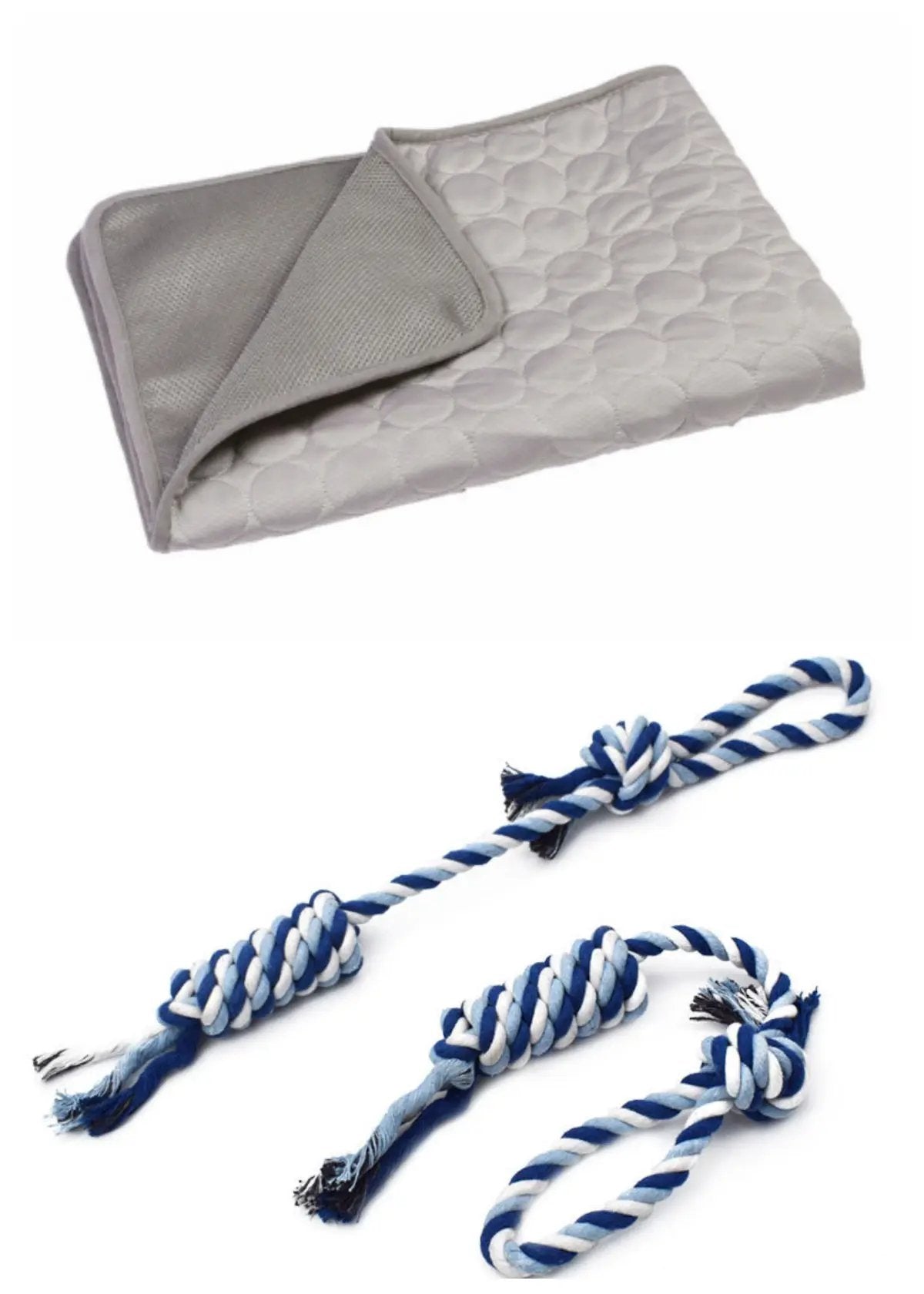 Summer Cooling Pet Sleeping Ice Silk Mat by AdTec; gray quilted mat with 3 blue-white braided rope toys