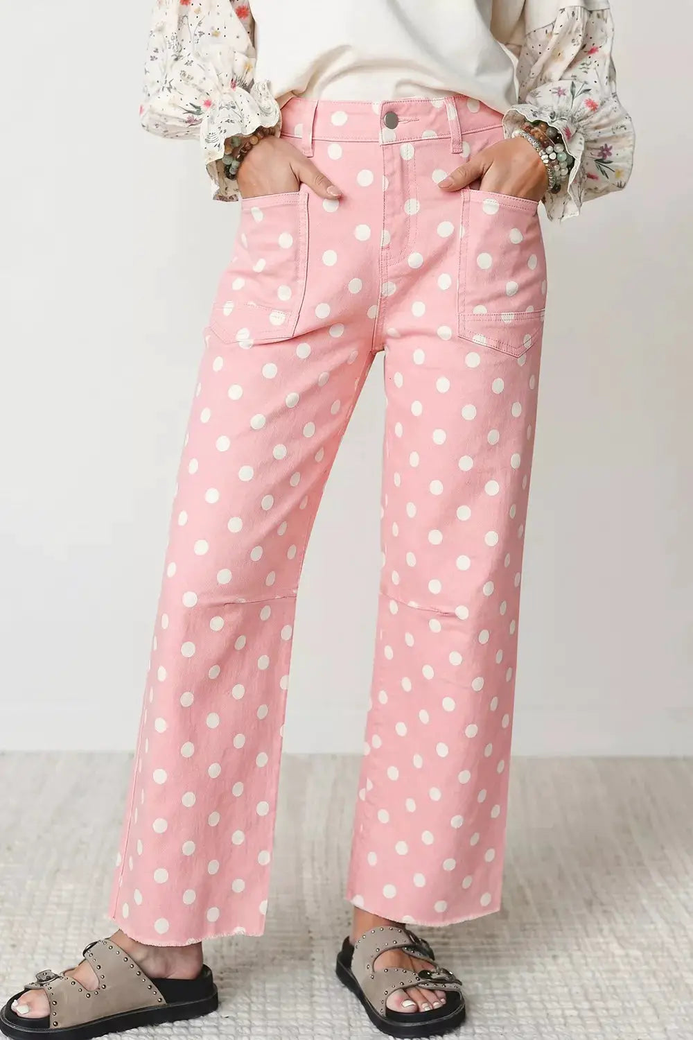 Polka Dot Wide Leg Jeans by Trendsi in pink with white polka dots