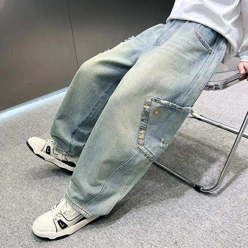 Boys casual light-wash denim jeans by eprolo, loose straight-leg with cargo pocket.