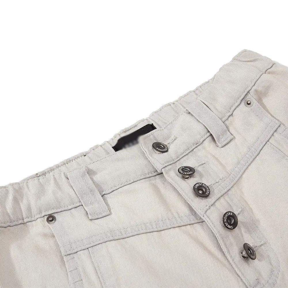 Straight-cut denim pants in light gray with button fly and belt loops by eprolo.