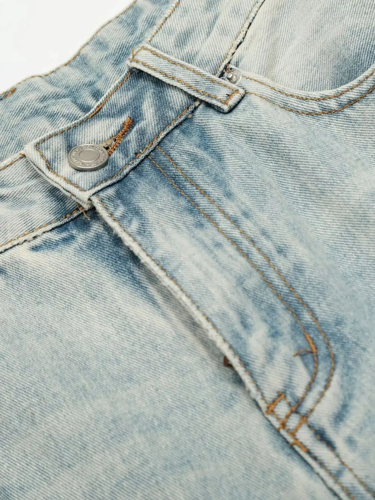 Mens wide-leg denim shorts by Trendsi in light wash cotton denim, close-up of waistband and metal button.