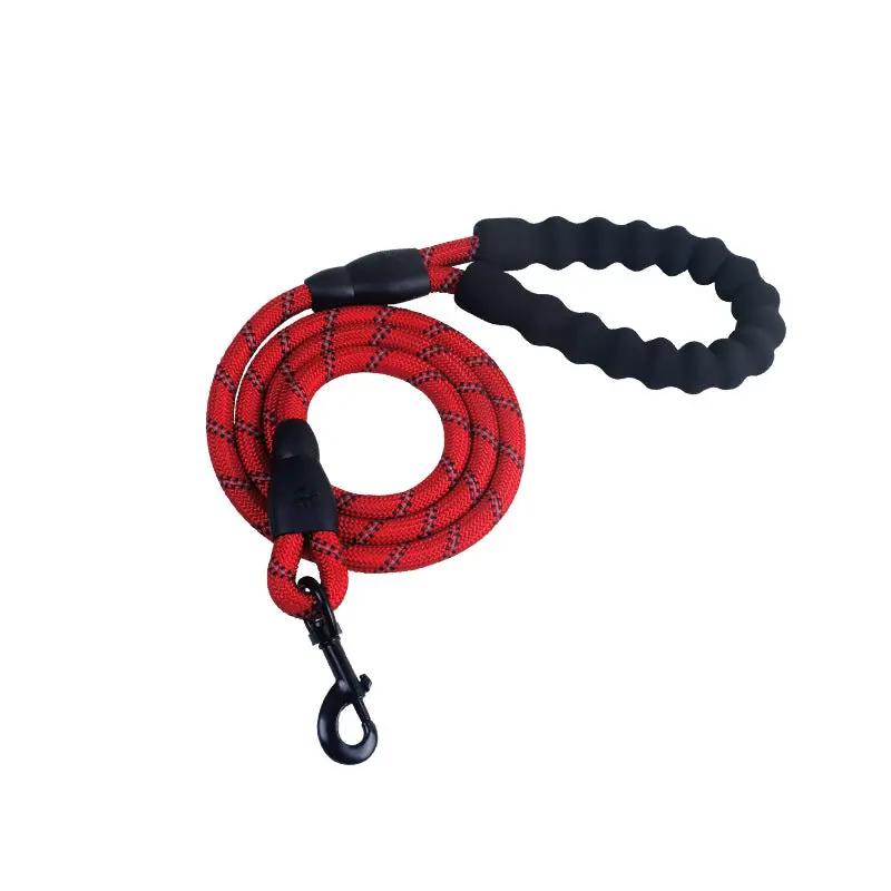 Reflective nylon dog leash, red plaid rope with black wrapped handle and metal clip for all dog sizes.
