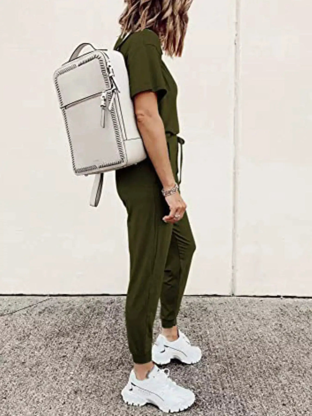Full-Size Round-Neck Top and Drawstring Pants Set, plus size in olive green