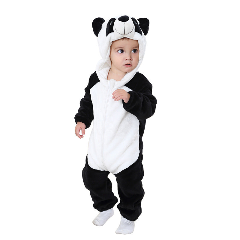 Baby animal jumpsuit by AdTec; black and white panda fleece with hood.