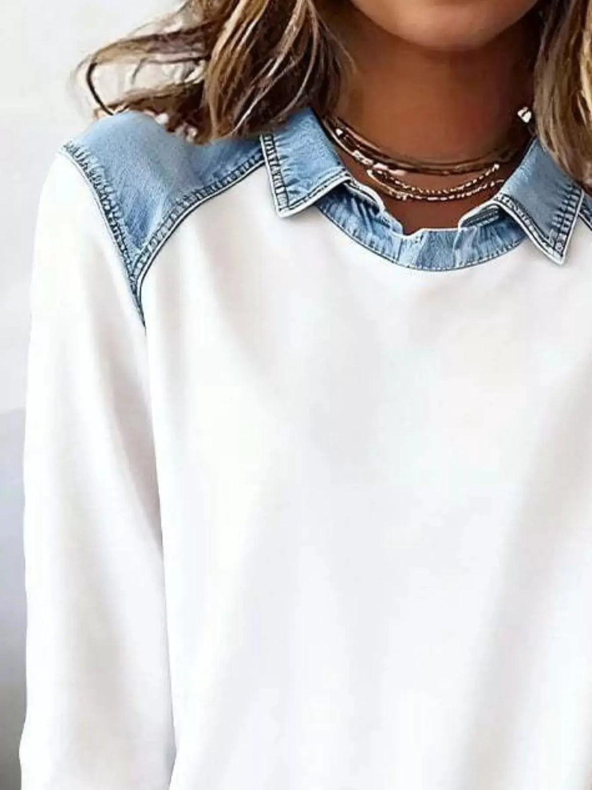 Classic Plus Size Long Sleeve Top with Denim Collar Trim Overlay; white body with blue denim collar, Trendsi.
