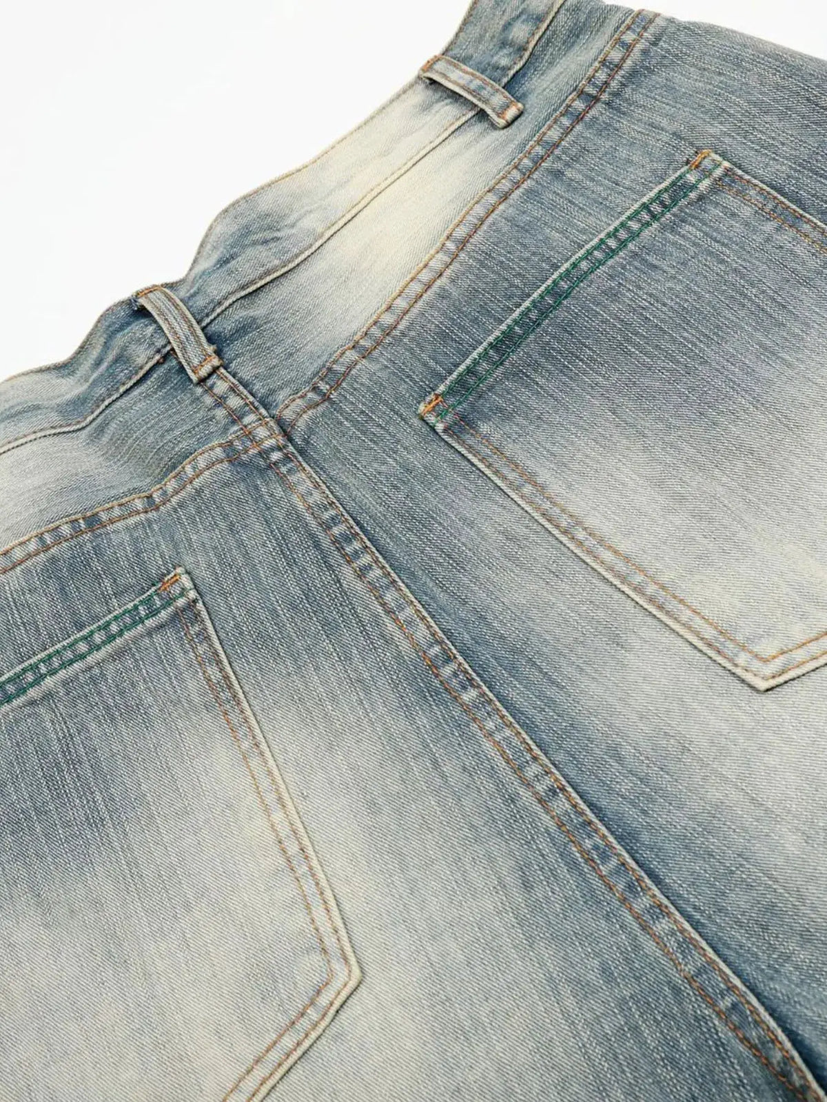 Mens washed denim shorts with belt loops; light blue denim with faded vintage detail