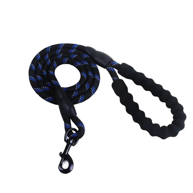 Reflective nylon dog leash by AdTec, black with blue reflective stripes and metal clip.