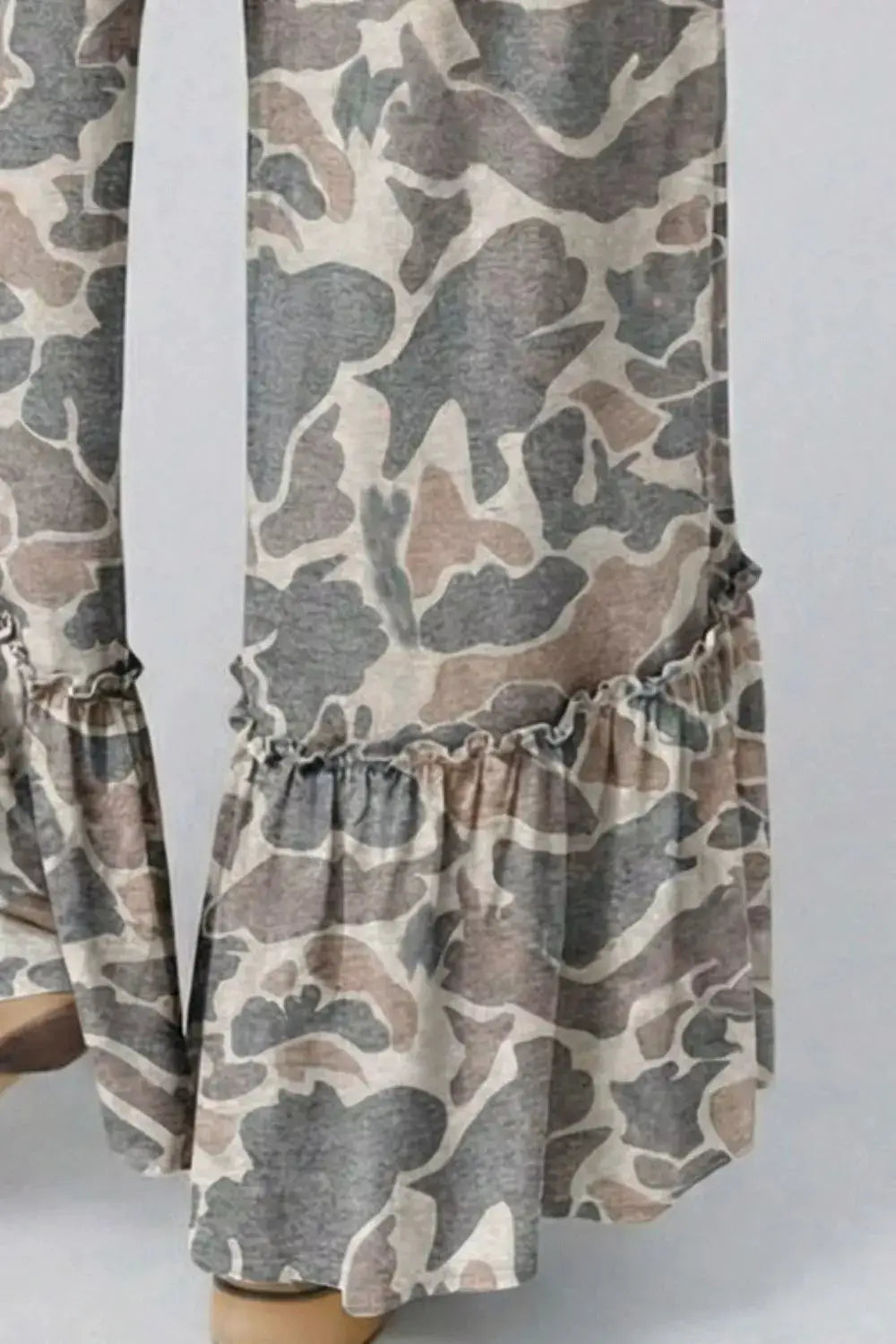 Camo print ruffle-hem wide-leg pants in neutral tones