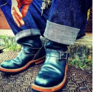 AuraVista men's wedge boots by AdTec, black leather mid-shaft with buckle strap and brown wedge sole.