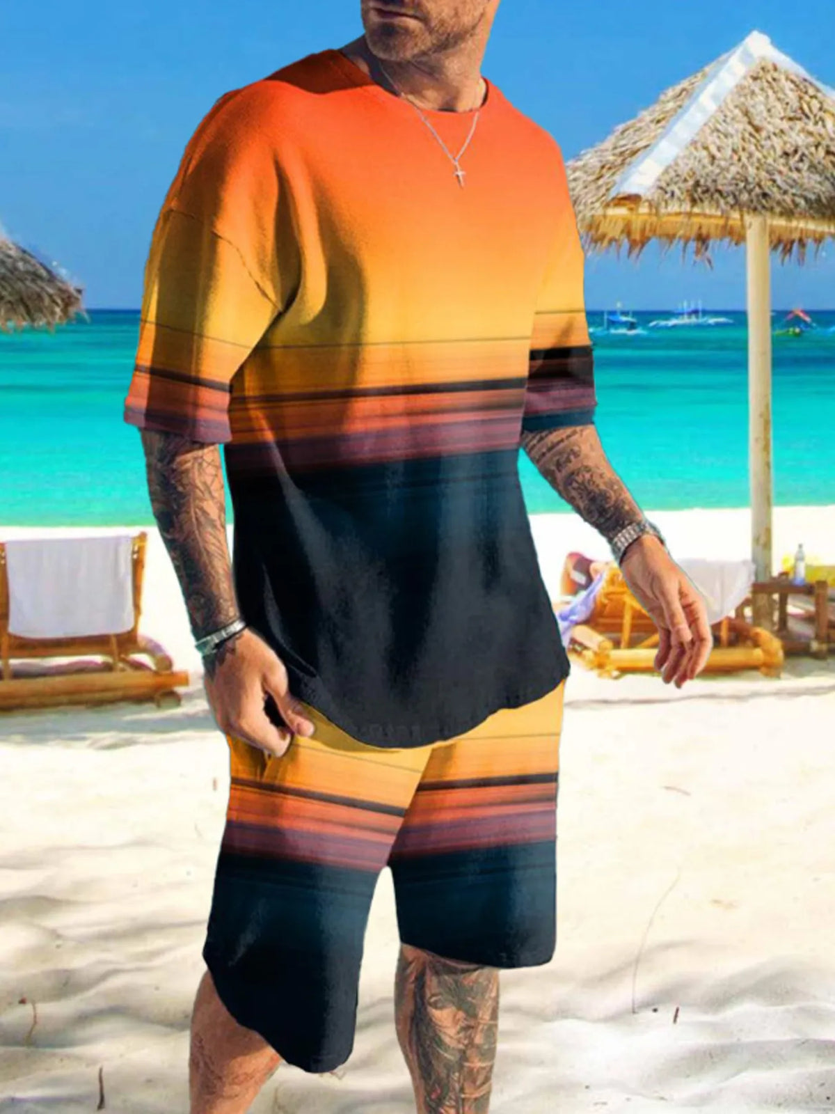 Men's full-size printed short-sleeve tee and matching shorts set in orange-to-black gradient stripes.