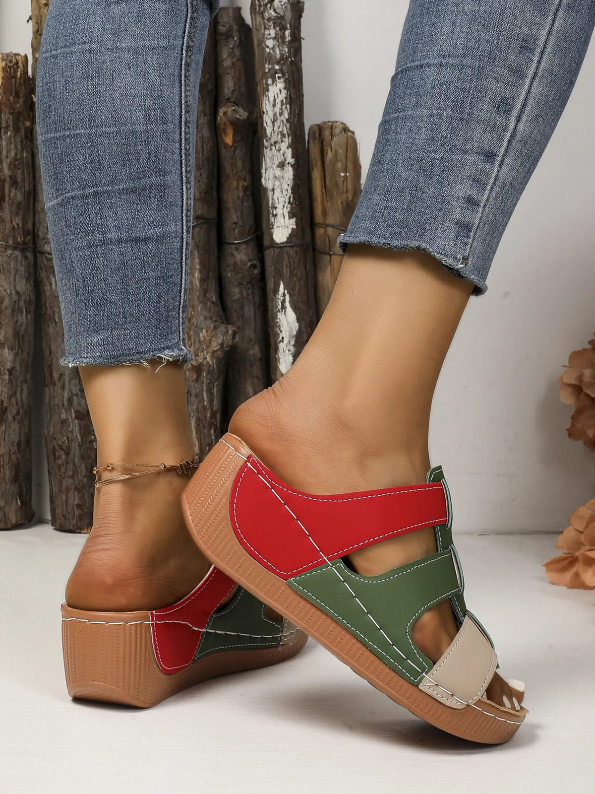 Contrast Cutout Open Toe Sandals with multicolor straps in red, green, and tan and a tan wedge sole.