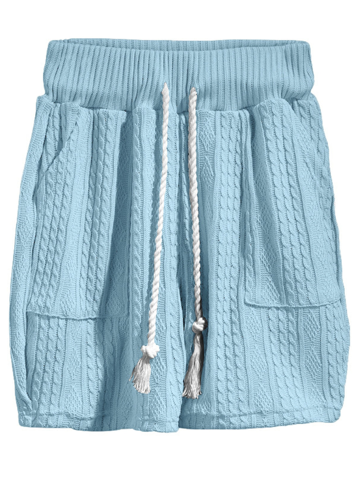 Men's light blue knit shorts set with cable-knit texture and white drawstrings.