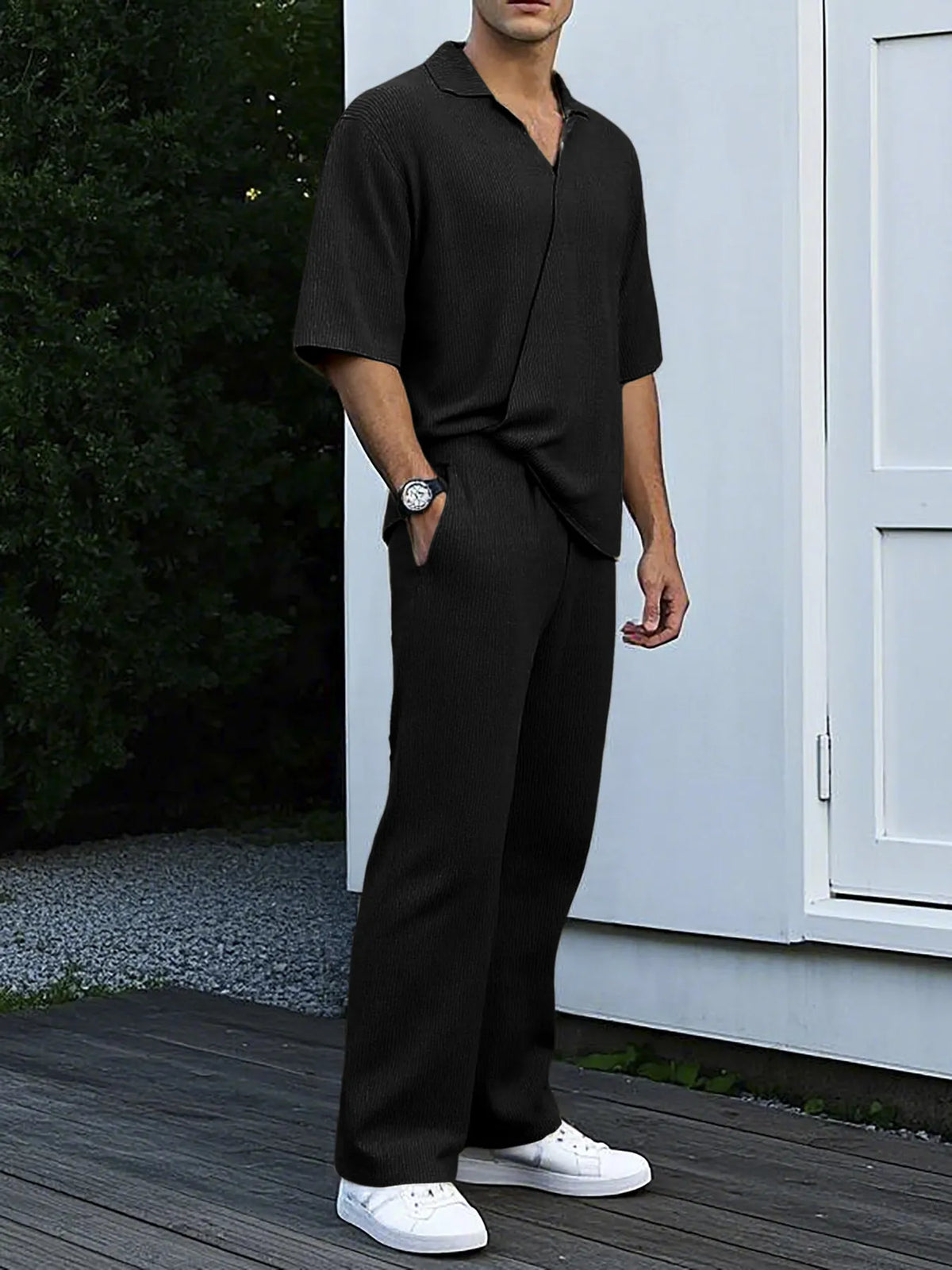 Men's black short-sleeve top and pants set (plus size) by Trendsi, basic pocketed lounge wear.