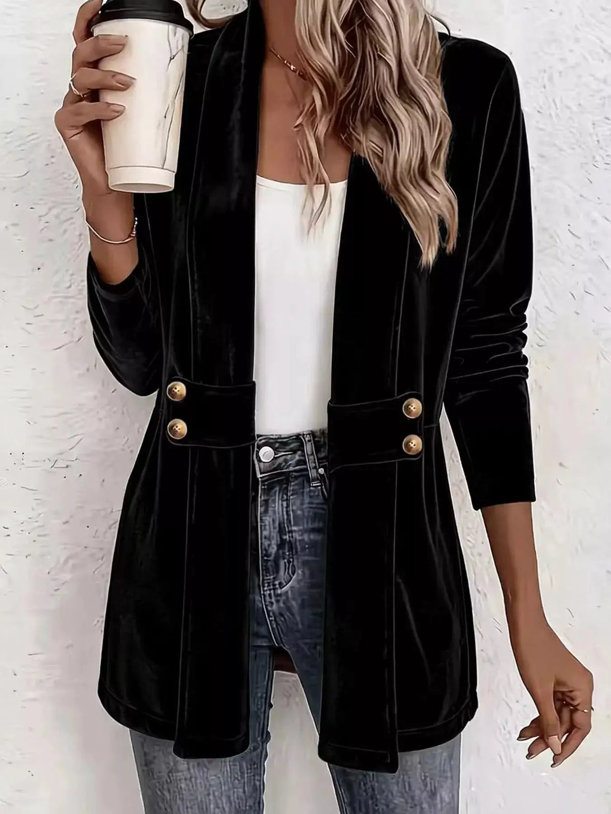 Elegant Velvet Open-Front Outerwear in black with gold-tone buttons.