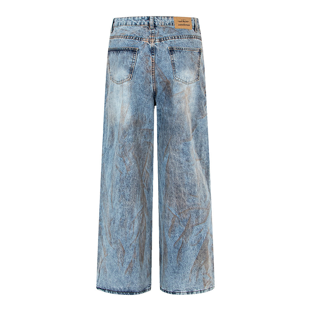 Washed denim jeans with an oversized straight-leg fit, back view