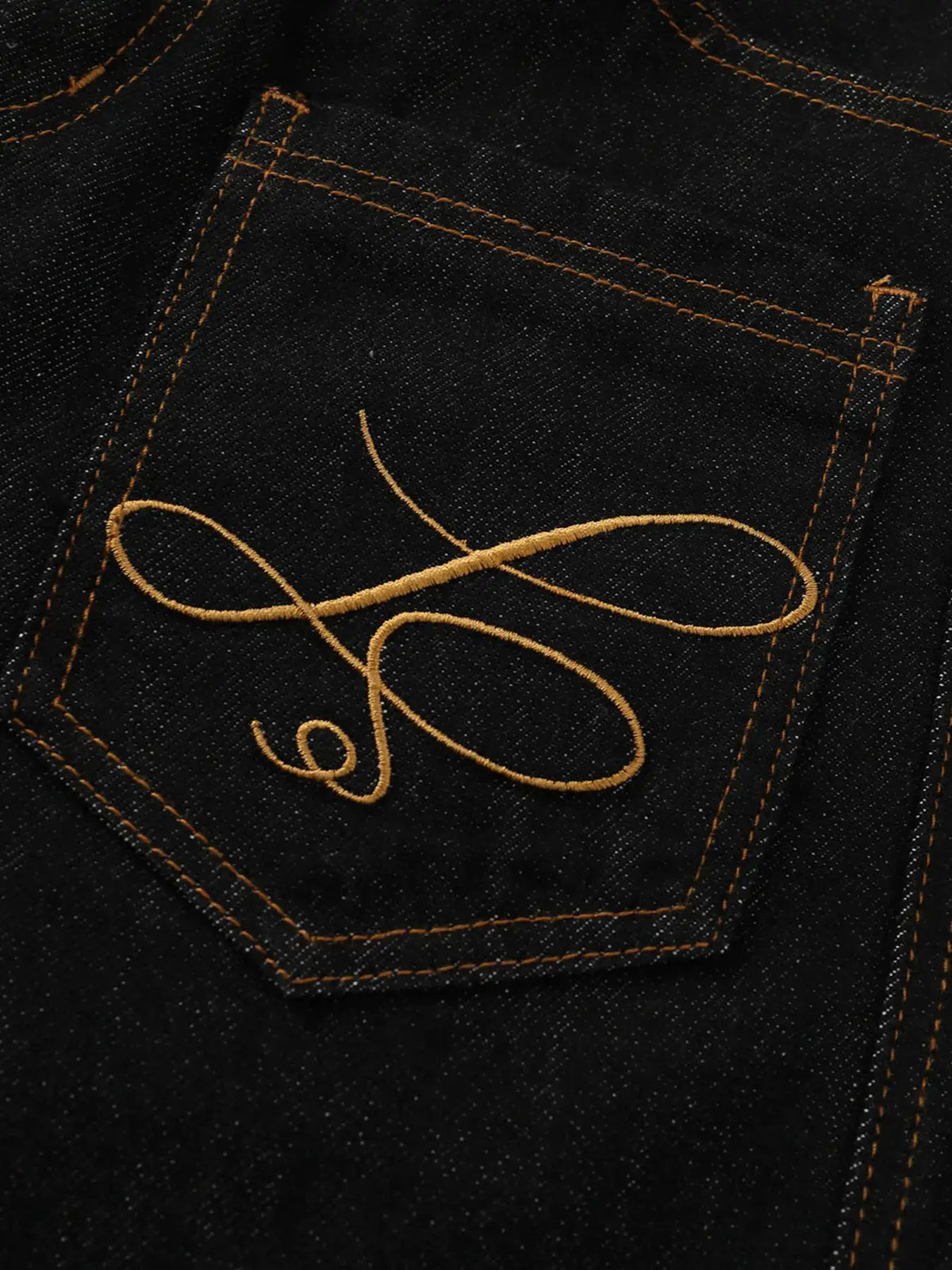 Men's wide-leg denim shorts in dark wash with embroidered pocket detail, cotton blend.