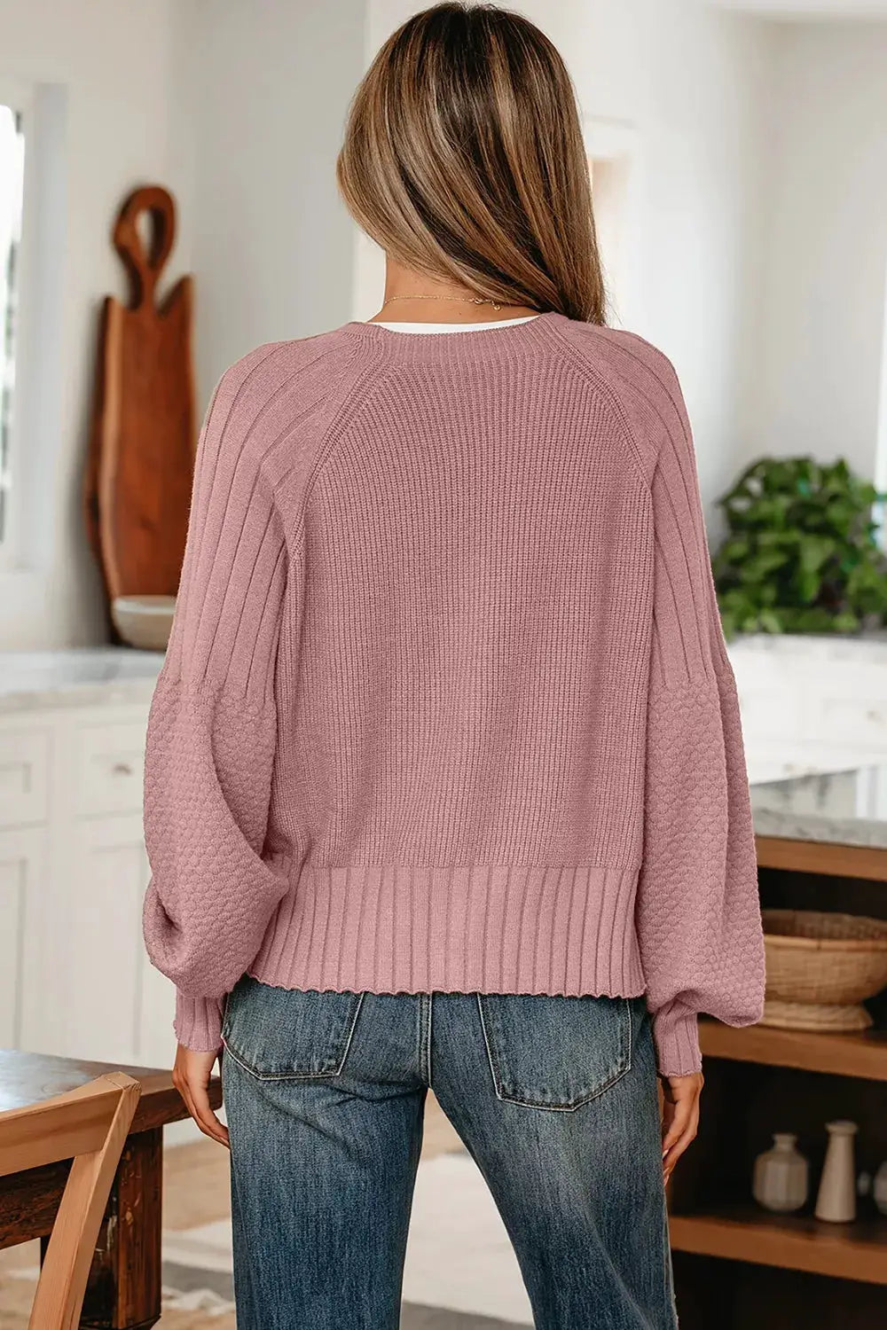 V-Neck Button-Down Cardigan in mauve pink knit with ribbed hem and long sleeves