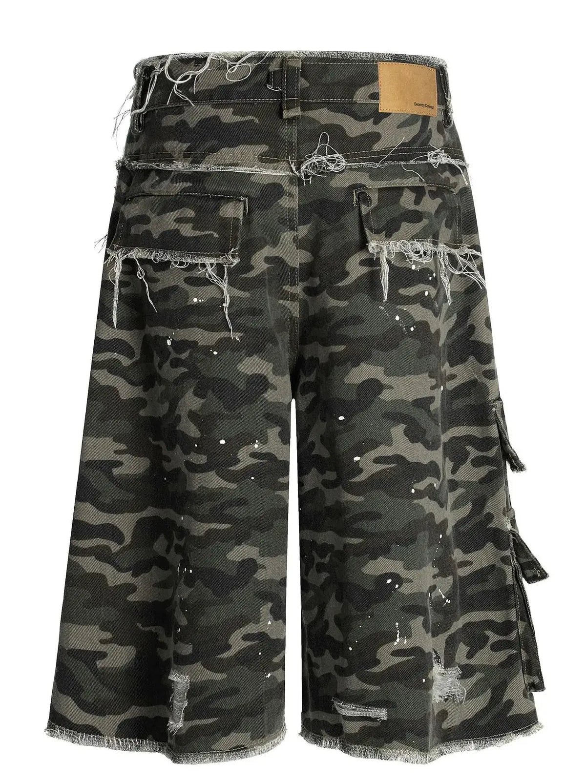 Men's distressed faded camo denim cargo shorts by Trendsi, frayed hems and paint-splatter details.