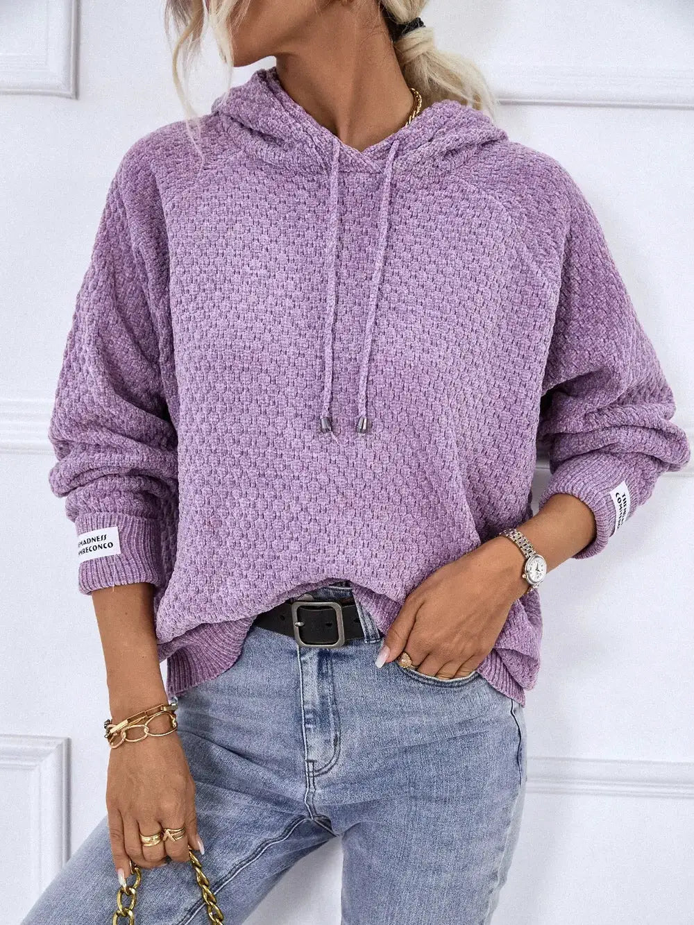 Textured lavender drawstring hoodie sweater, long sleeves, premium polyester