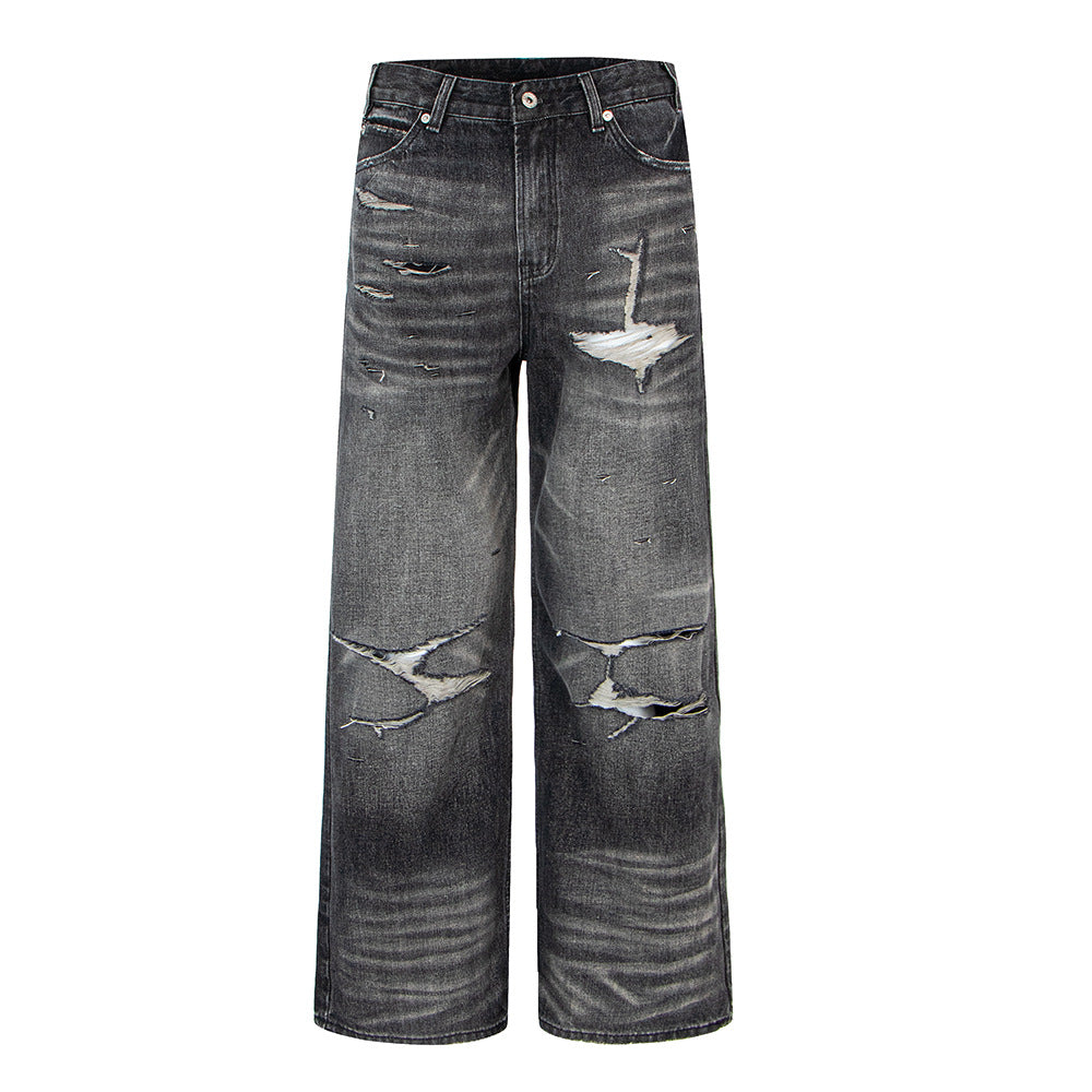 Distressed ripped washed vintage combat denim pants, dark gray denim jeans