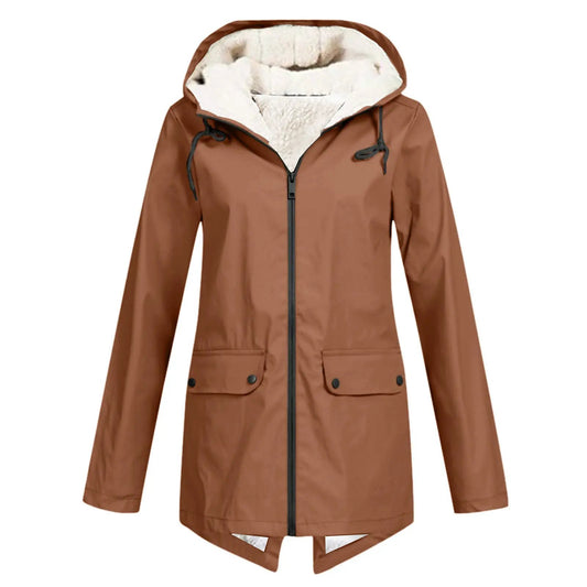 Unisex hooded winter parka in brown with velvet-lined insulation and zip front
