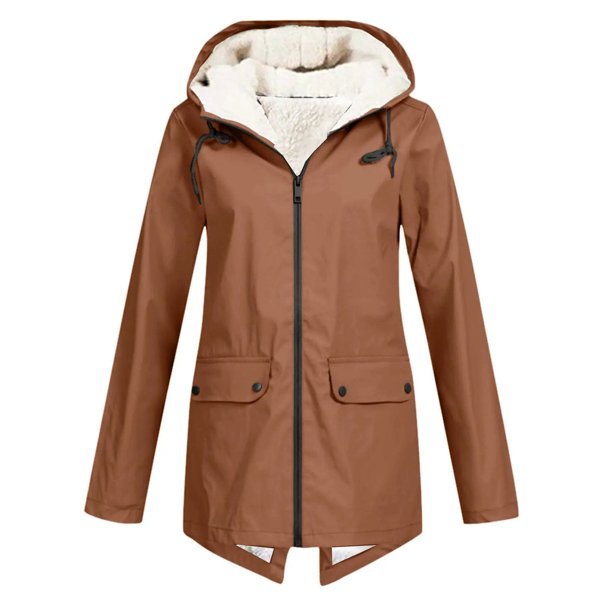 Unisex hooded winter parka in brown with velvet-lined insulation and zip front