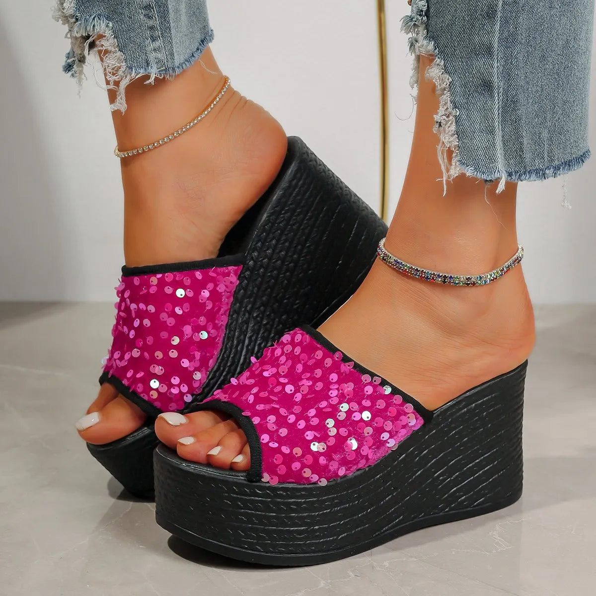 Rhinestone peep-toe wedge sandals with pink sequin straps and black platform