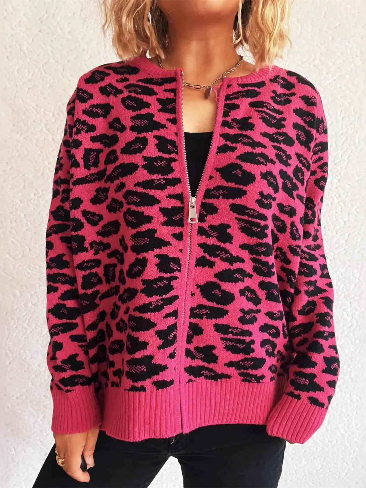 Zip Up Long Sleeve Cardigan in pink with black leopard print, by Trendsi