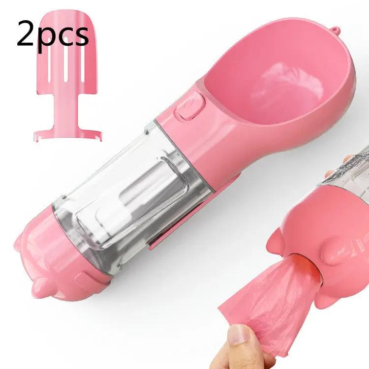 Pink 3-in-1 pet water bottle with built-in bowl and bag storage, 2-pack
