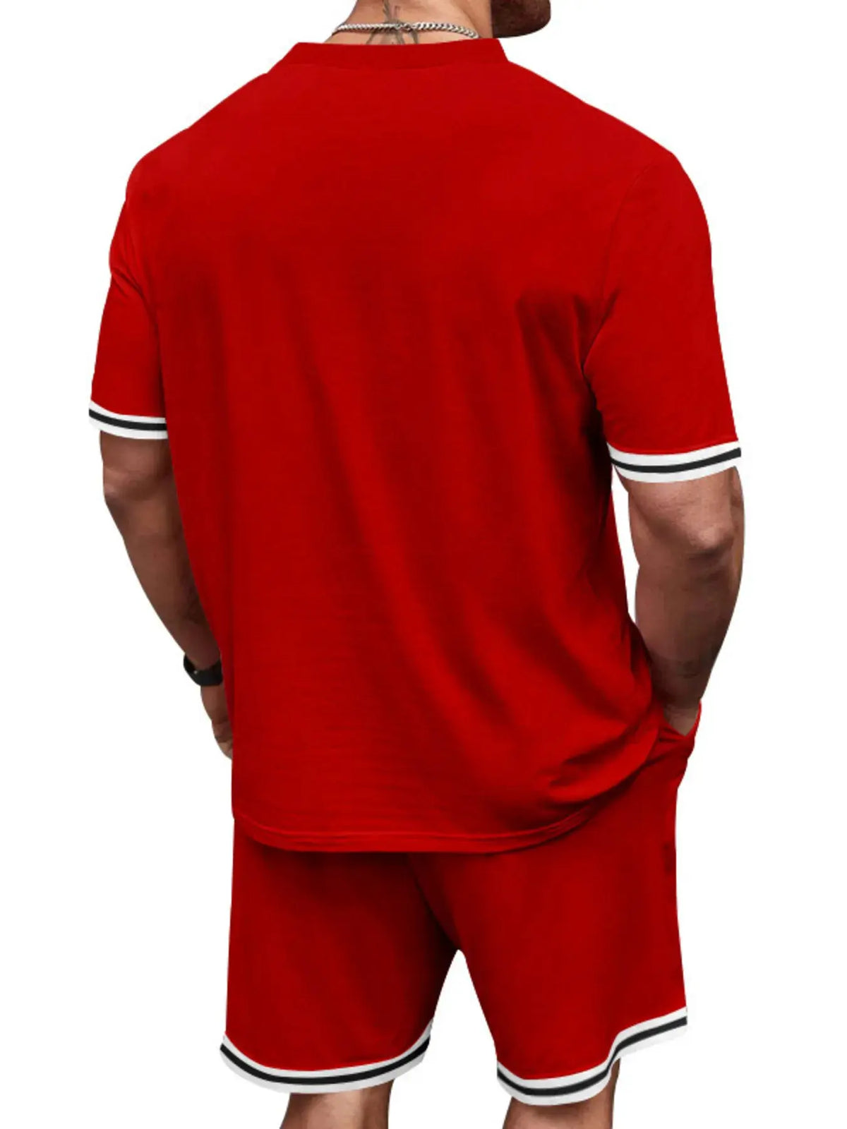 Men's red two-piece set: short-sleeve tee and shorts with white-black cuff stripes, by Trendsi