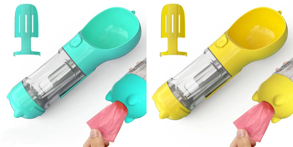 Pet 3-in-1 water bottle with feeder bowl and garbage bag storage in teal and yellow, set of 2