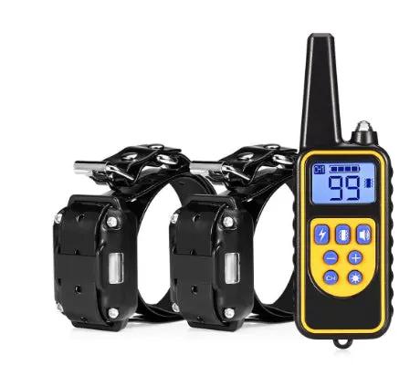 AdTec remote control dog training collar set with two black collars and a yellow handheld remote