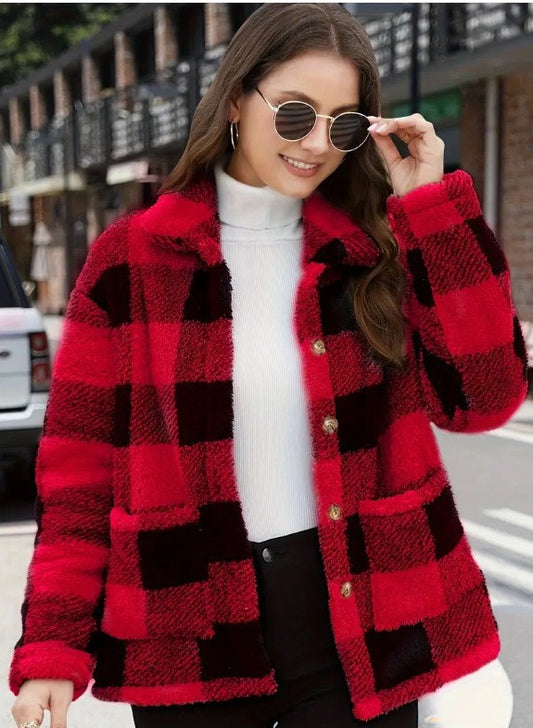 Chaqueta a cuadros con bloques de color, solapa de moda, bolsillos, abrigo de botonadura sencilla, ropa de primavera y otoño para mujer