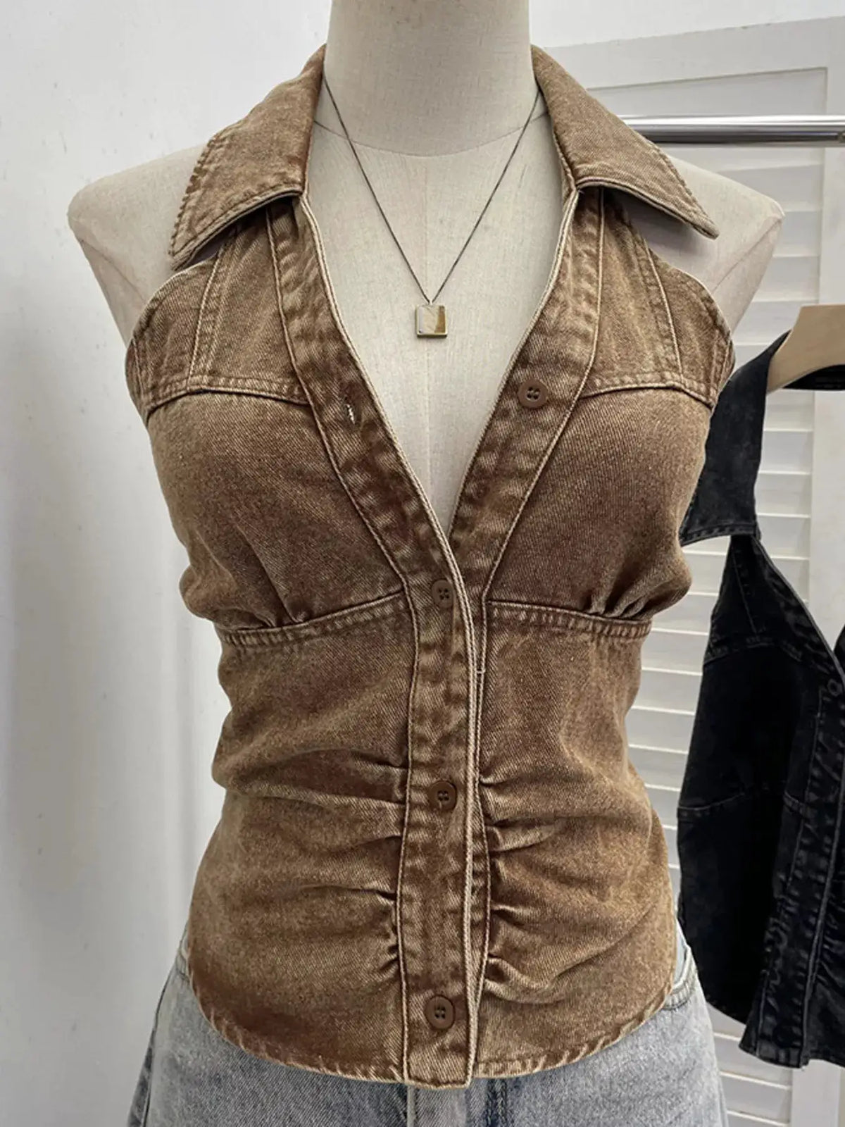 Premium Textured Smocked Denim Halter Top in brown with button-front and cinched waist