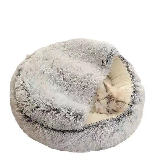 Semi-closed cat bed with grey plush exterior and cream interior, cozy nest for small pets