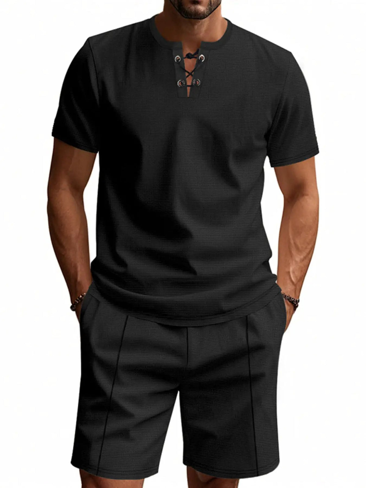 Men Plus Size Casual Short Sleeve Tee and Pocketed Shorts Set (2-piece), black, Trendsi.