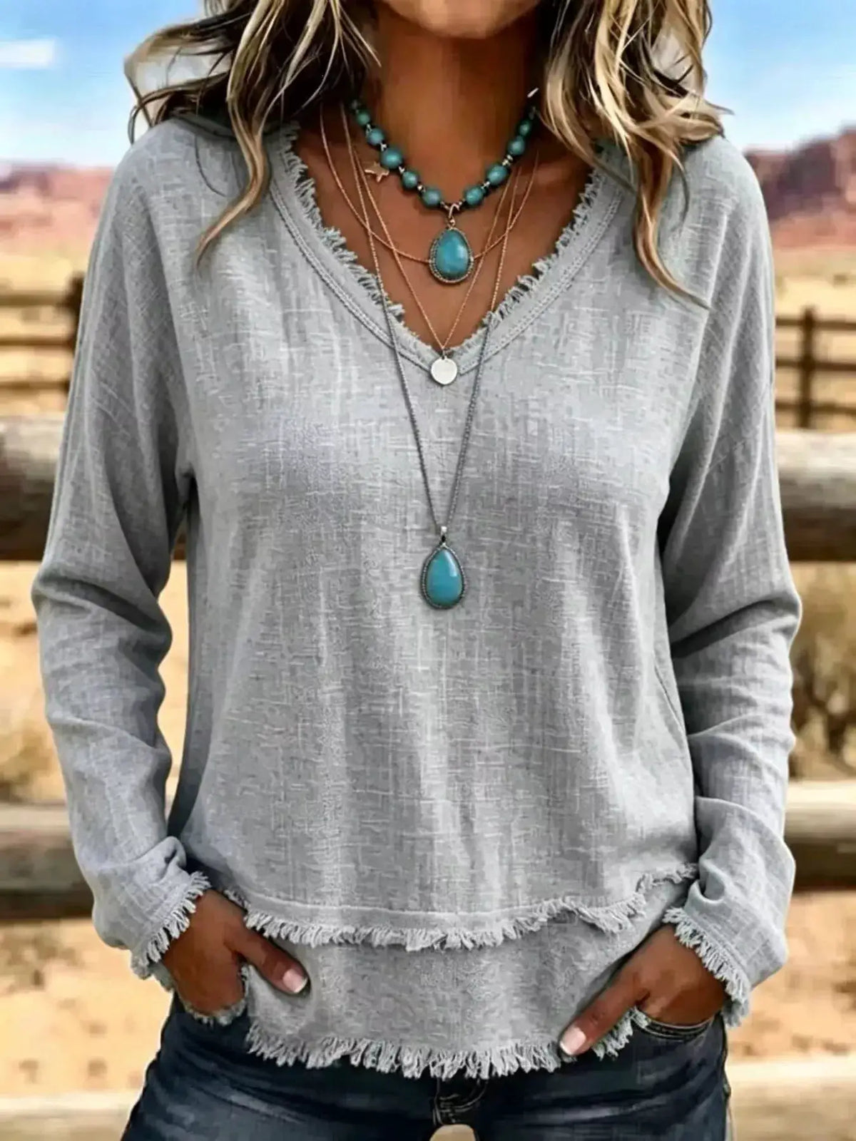 V-Neck Frayed-Hem Long Sleeve T-Shirt in heather gray with layered turquoise necklaces