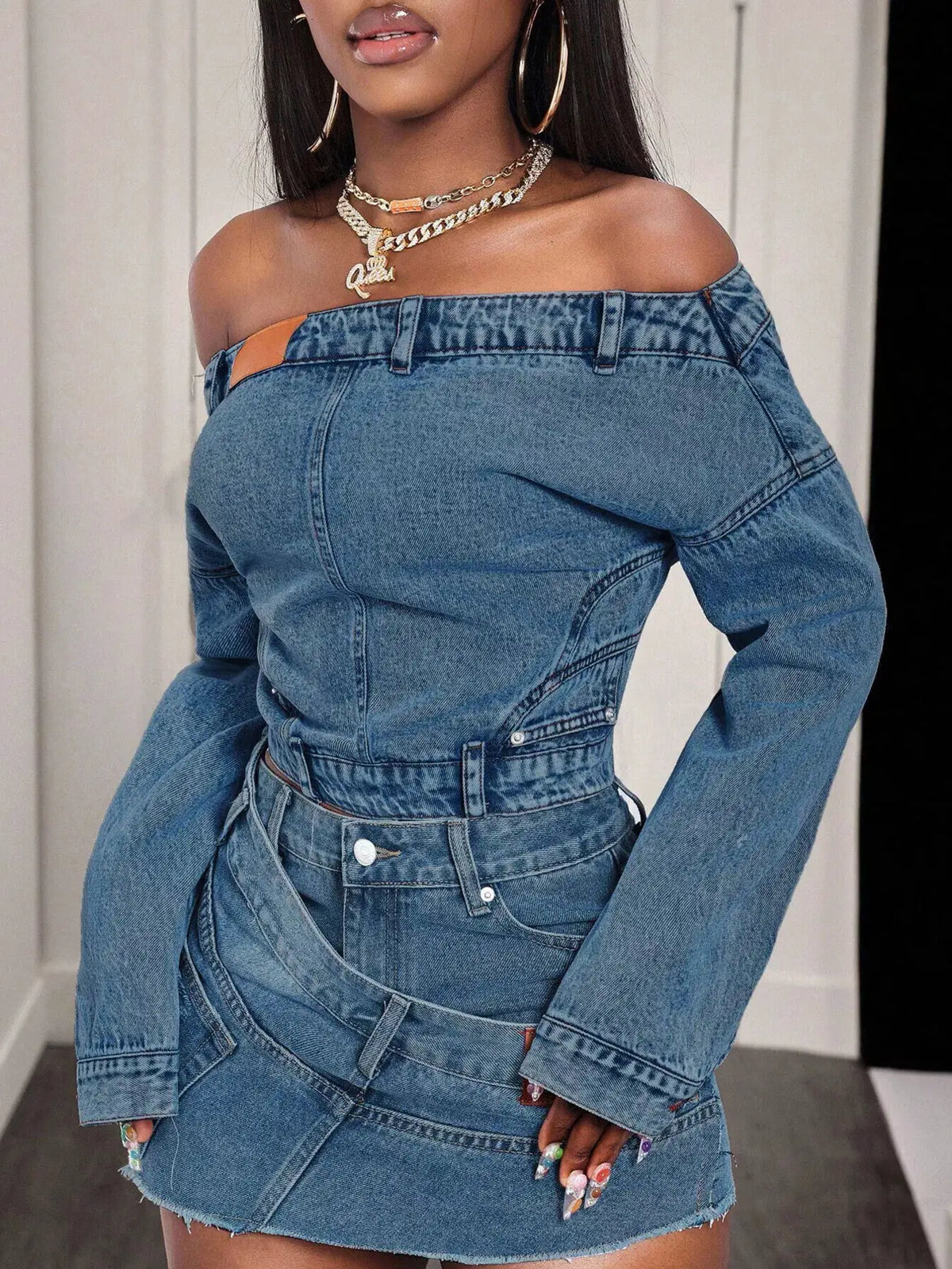 Women off-shoulder long-sleeve denim top with front buttons in blue stretch denim