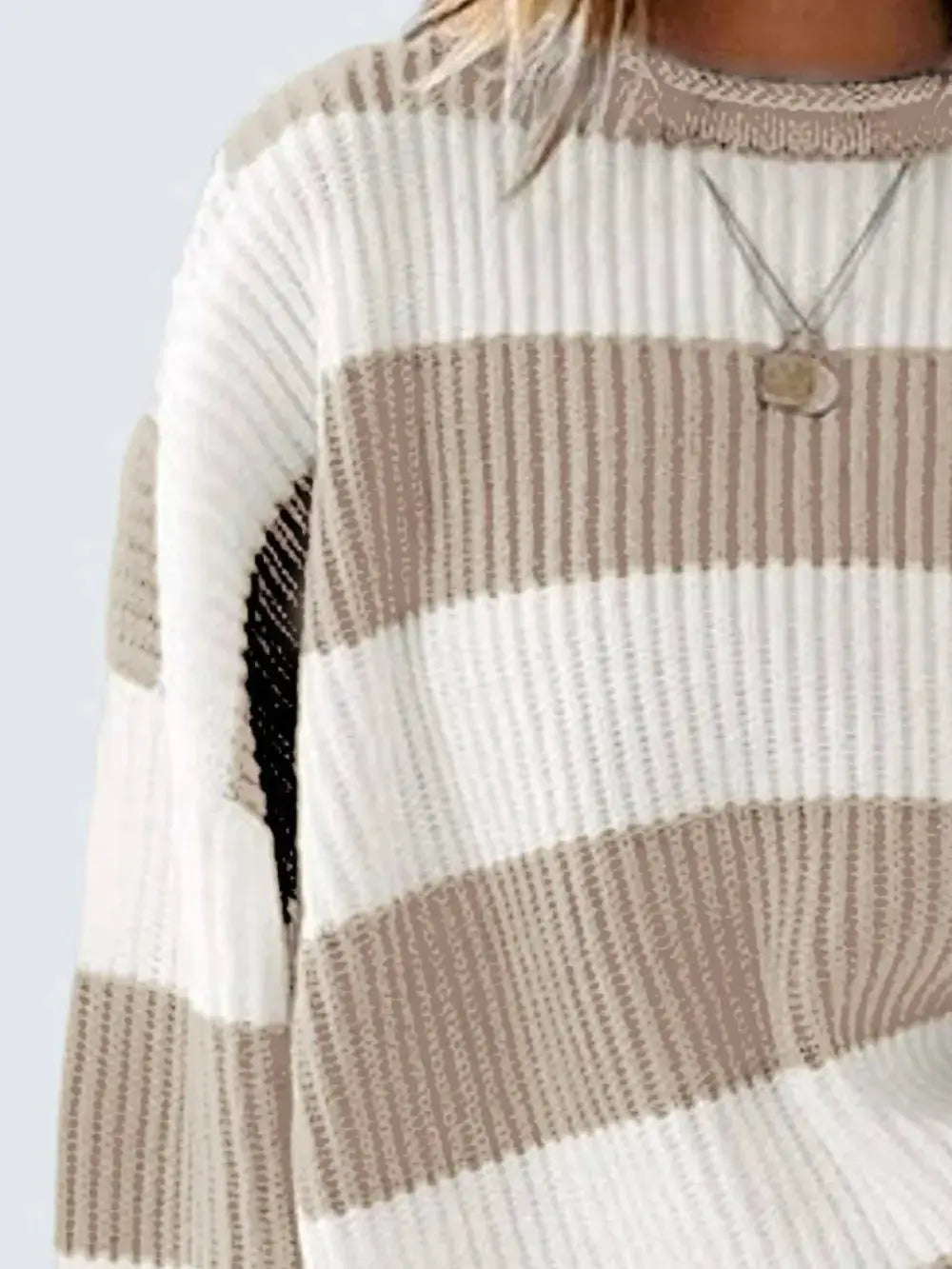 Essential Round Neck Long Sleeve Soft Stretch Sweater beige and cream striped knit