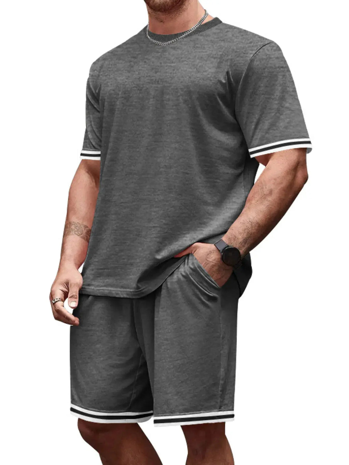 Men's gray two-piece summer set: short-sleeve tee with white-striped cuffs and matching gray shorts by Trendsi