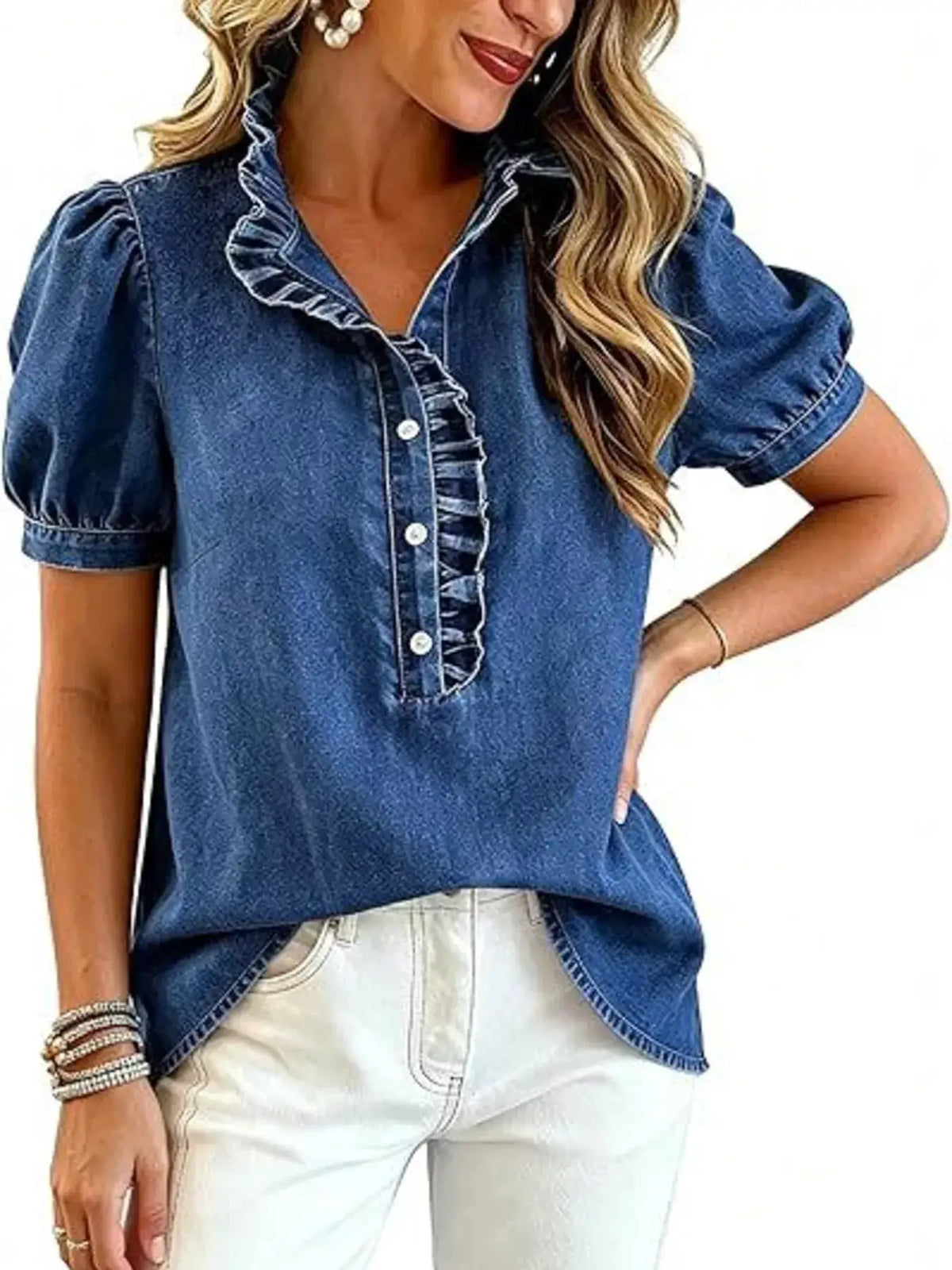 Frill puff sleeve denim top in blue with front button closure by Trendsi