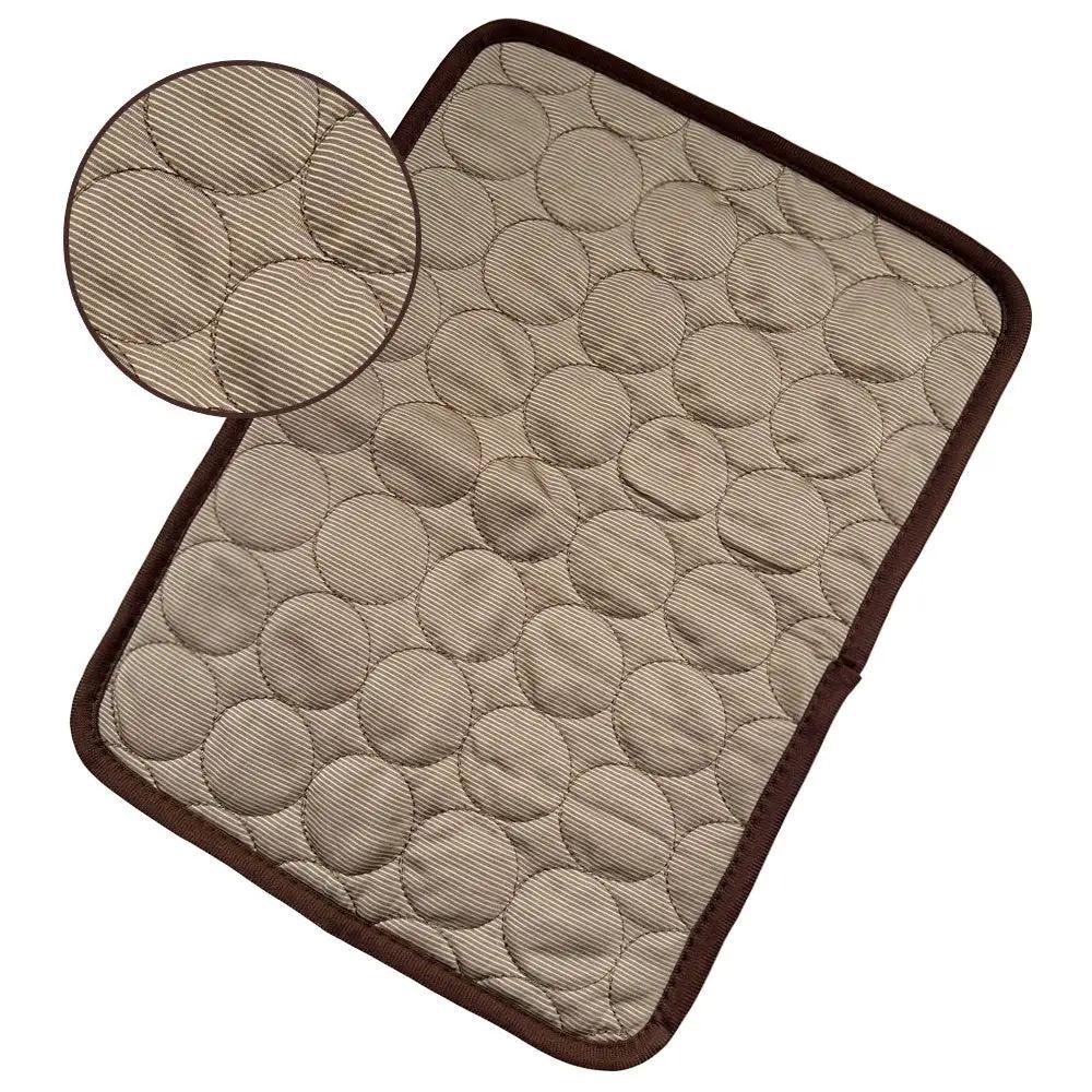 Dog cooling mat by AdTec, beige quilted circles with brown trim; extra-large cooling pad for dogs and cats